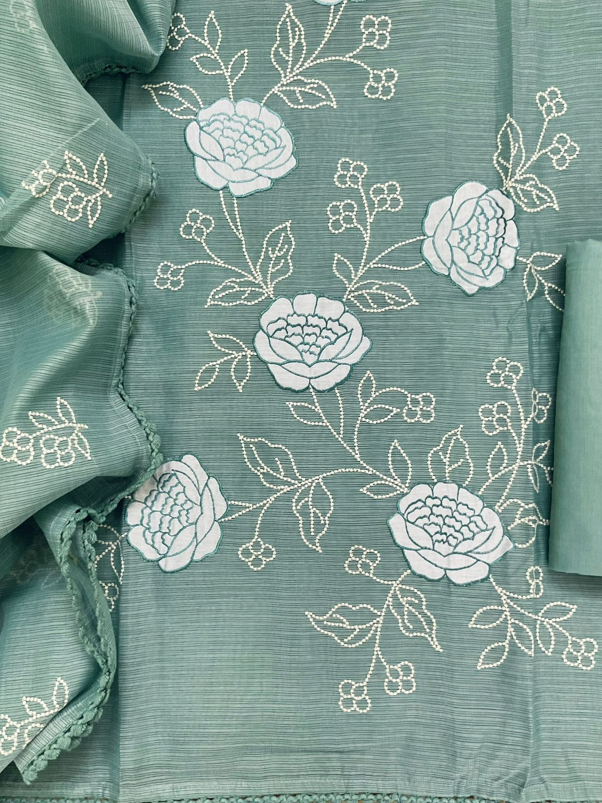 Soft Kota Silk Embroidered Suit - Green