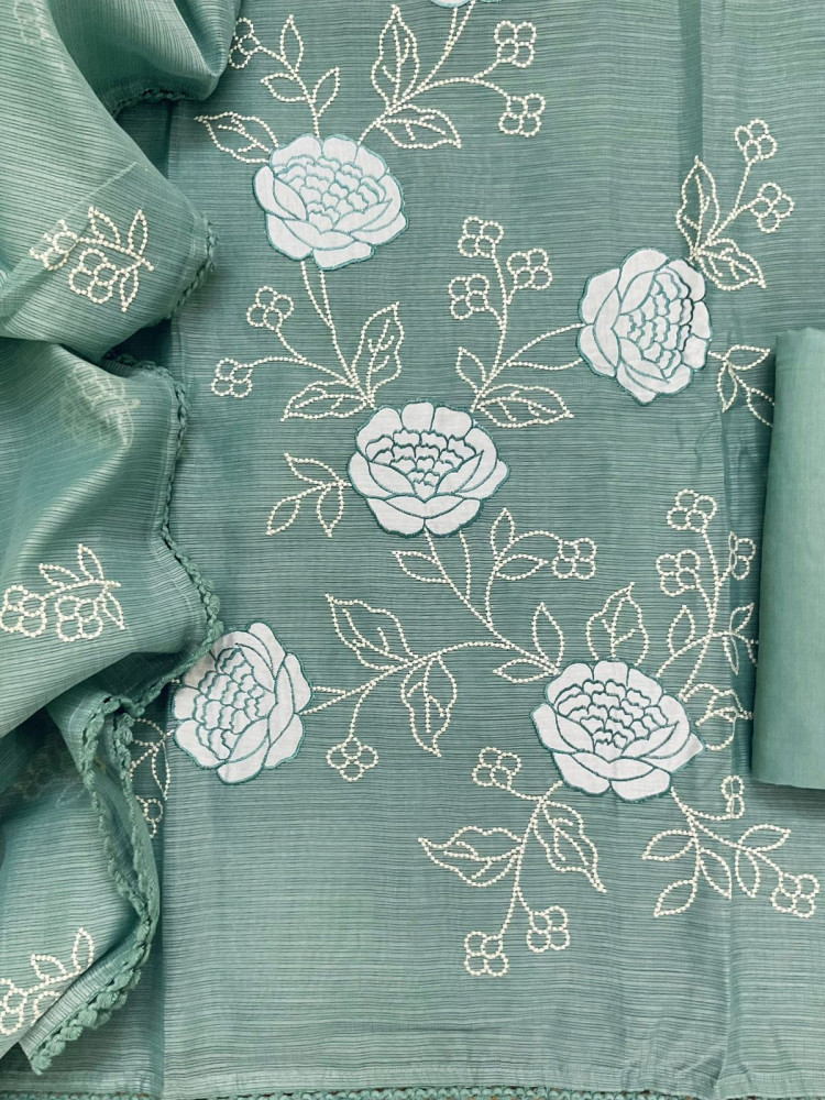 Image of Soft Kota Silk Embroidered Suit - Green