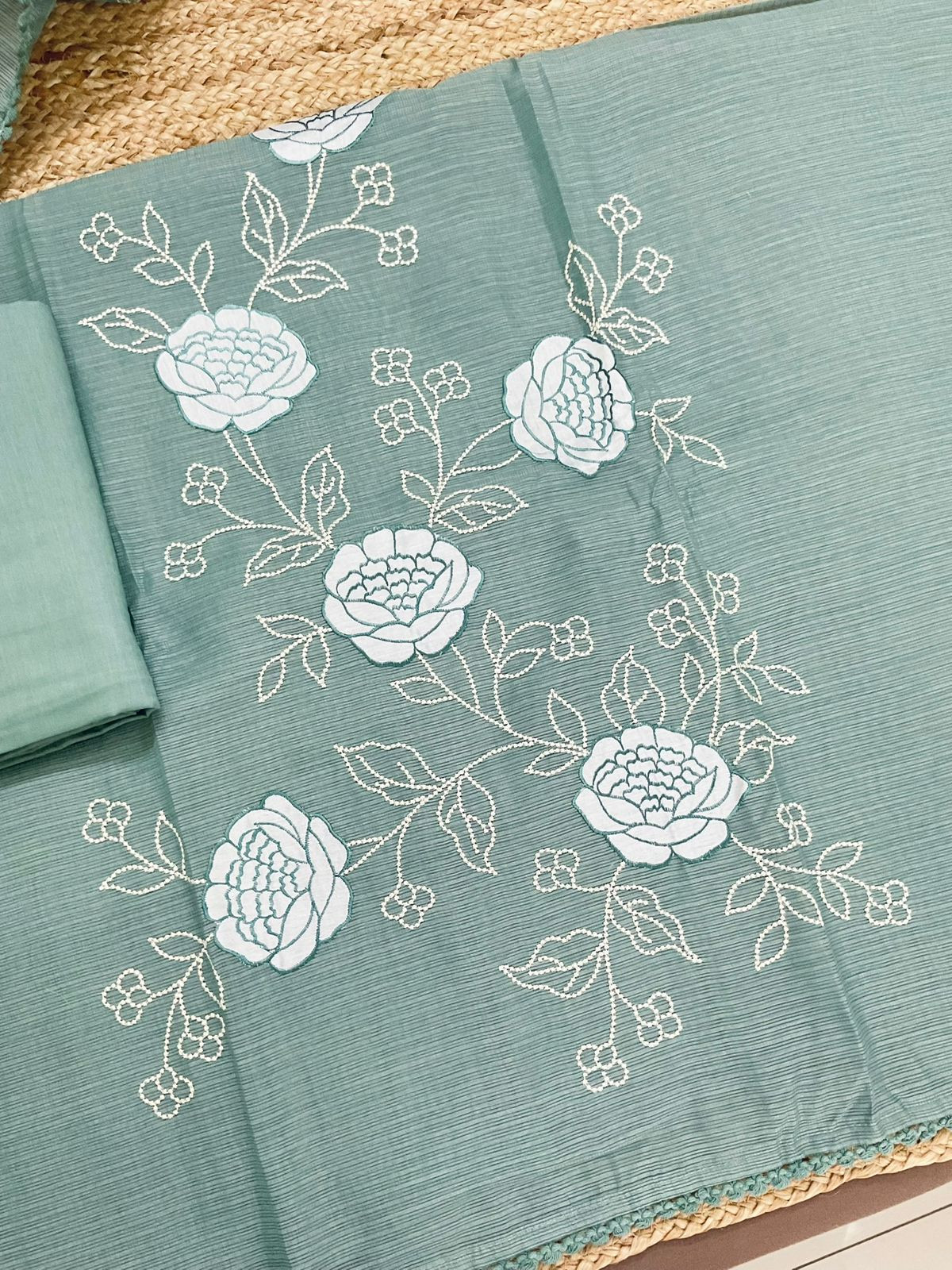 Soft Kota Silk Embroidered Suit - Green