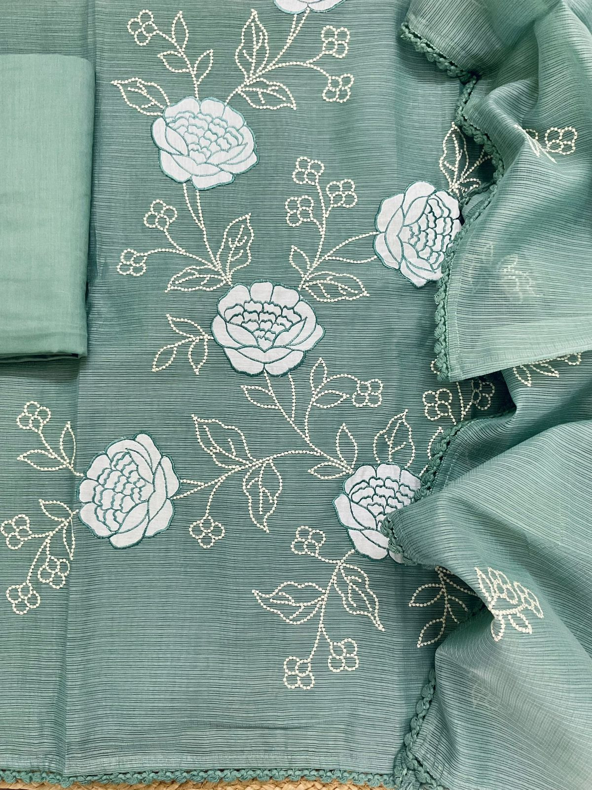 Soft Kota Silk Embroidered Suit - Green