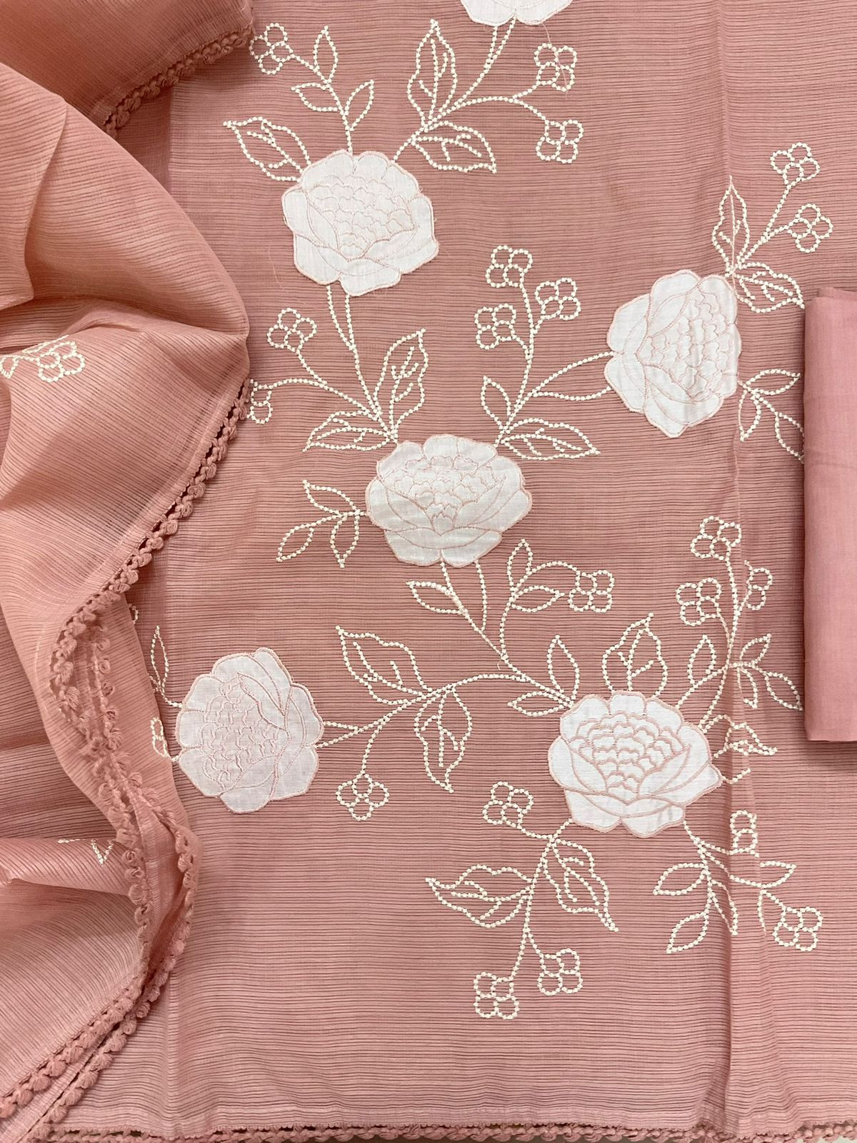 Soft Kota Silk Embroidered Suit - Peach