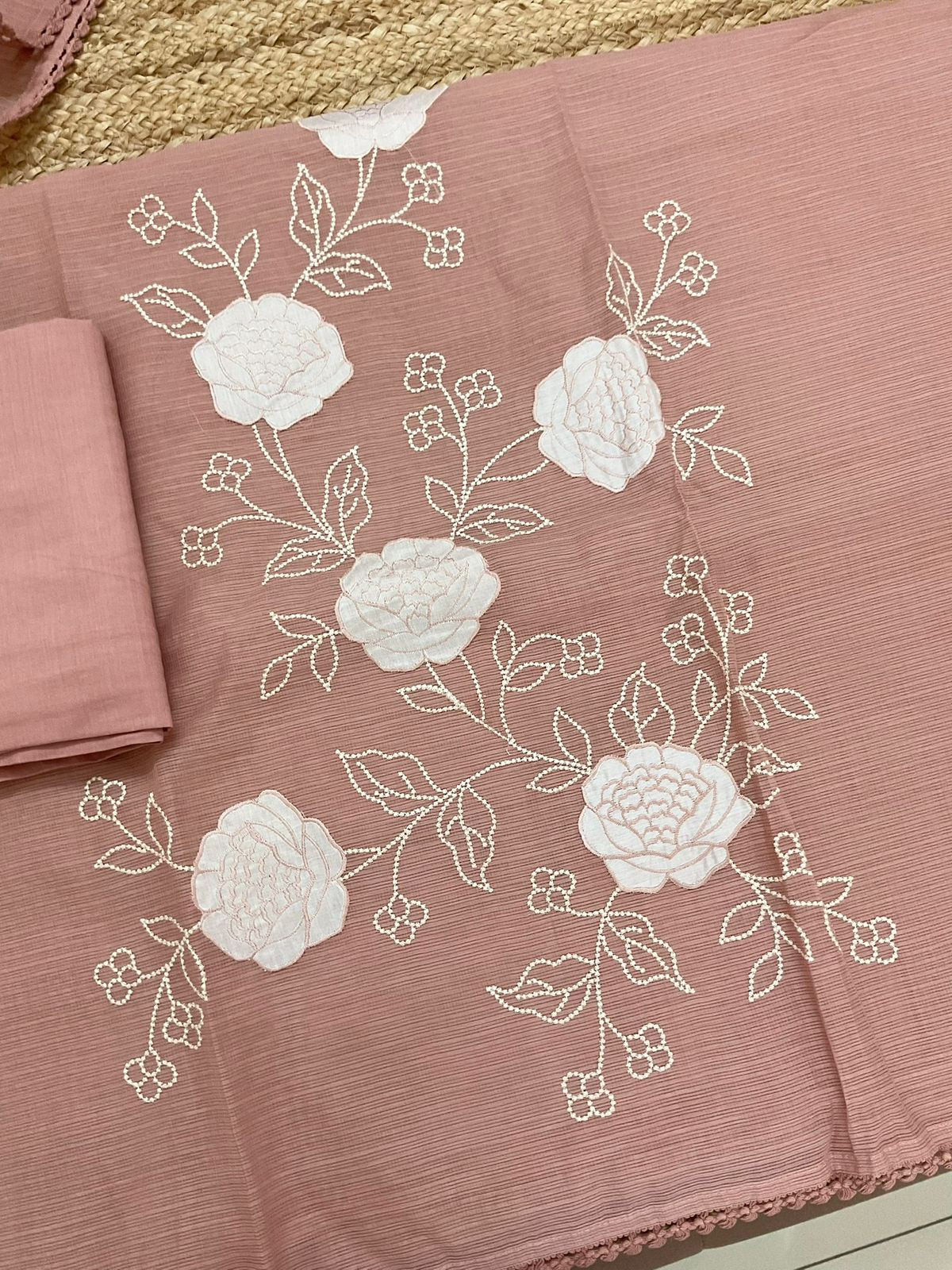 Soft Kota Silk Embroidered Suit - Peach