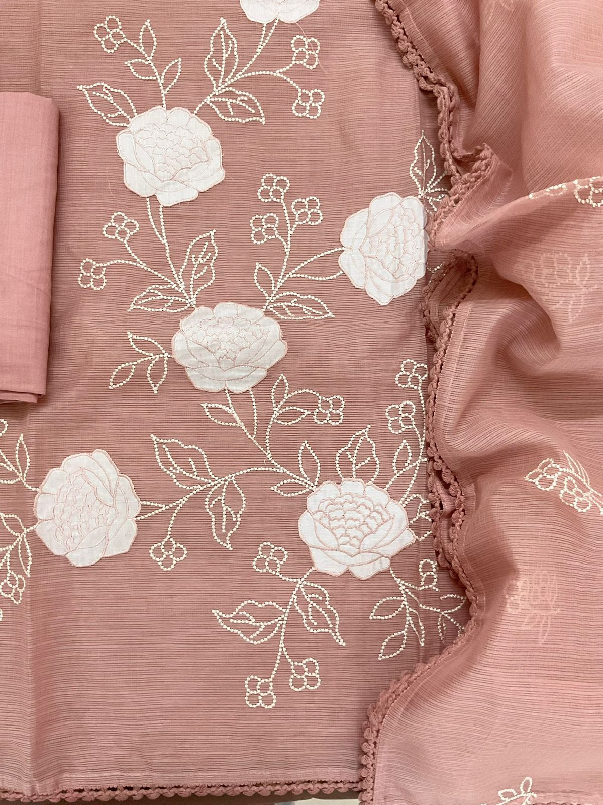 Soft Kota Silk Embroidered Suit - Peach