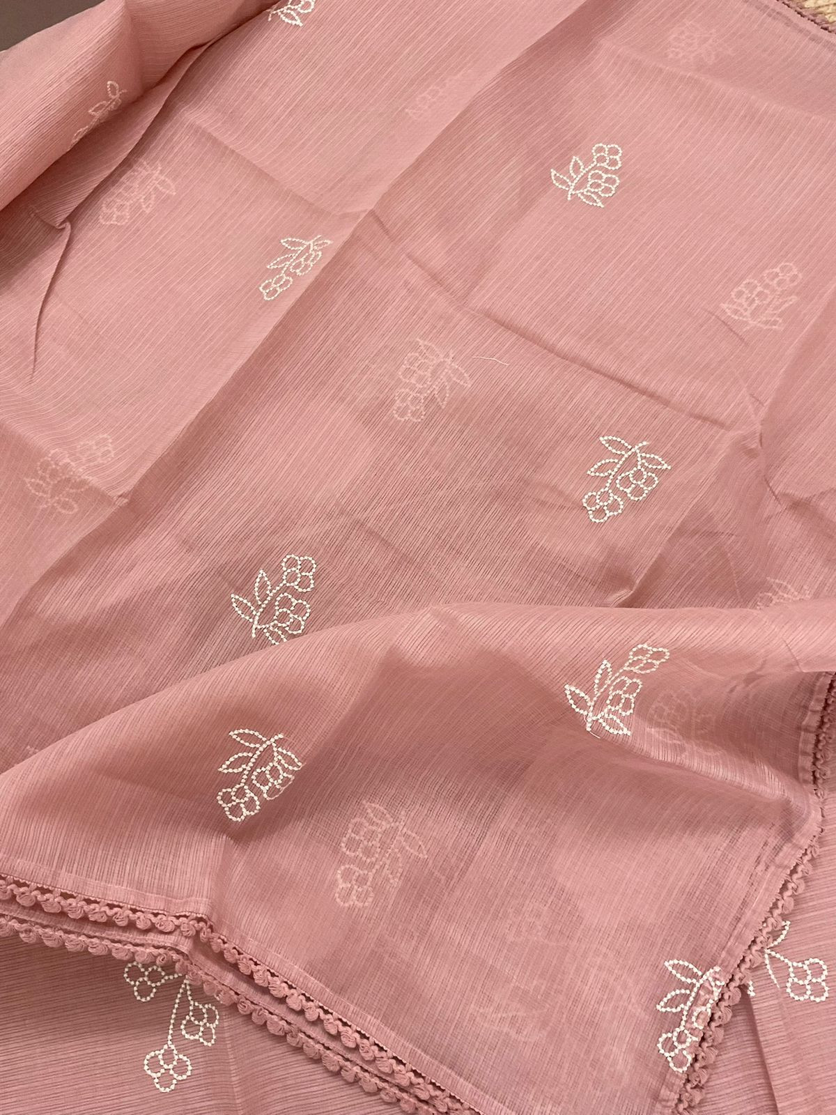 Soft Kota Silk Embroidered Suit - Peach