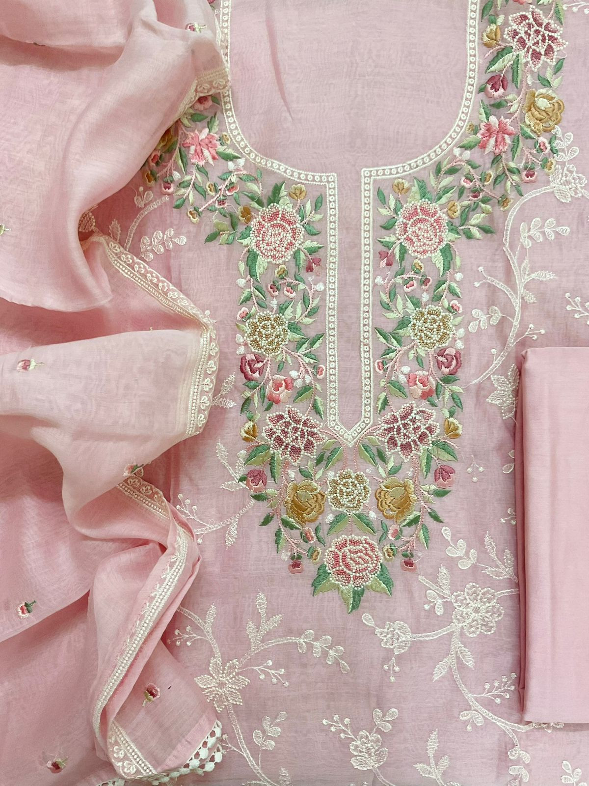 Pure Mul Chanderi Embroidered Suit - Pink
