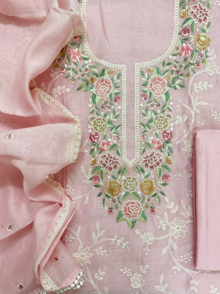 Image of Pure Mul Chanderi Embroidered Suit - Pink