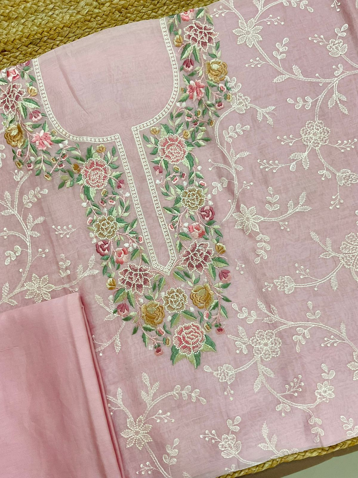 Pure Mul Chanderi Embroidered Suit - Pink