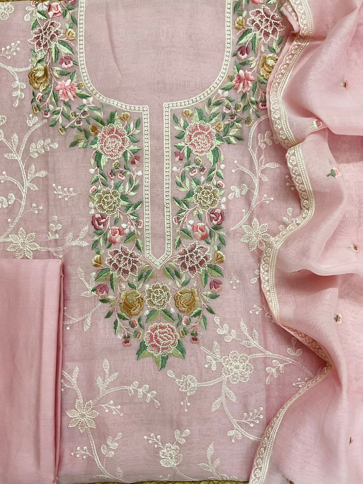 Pure Mul Chanderi Embroidered Suit - Pink