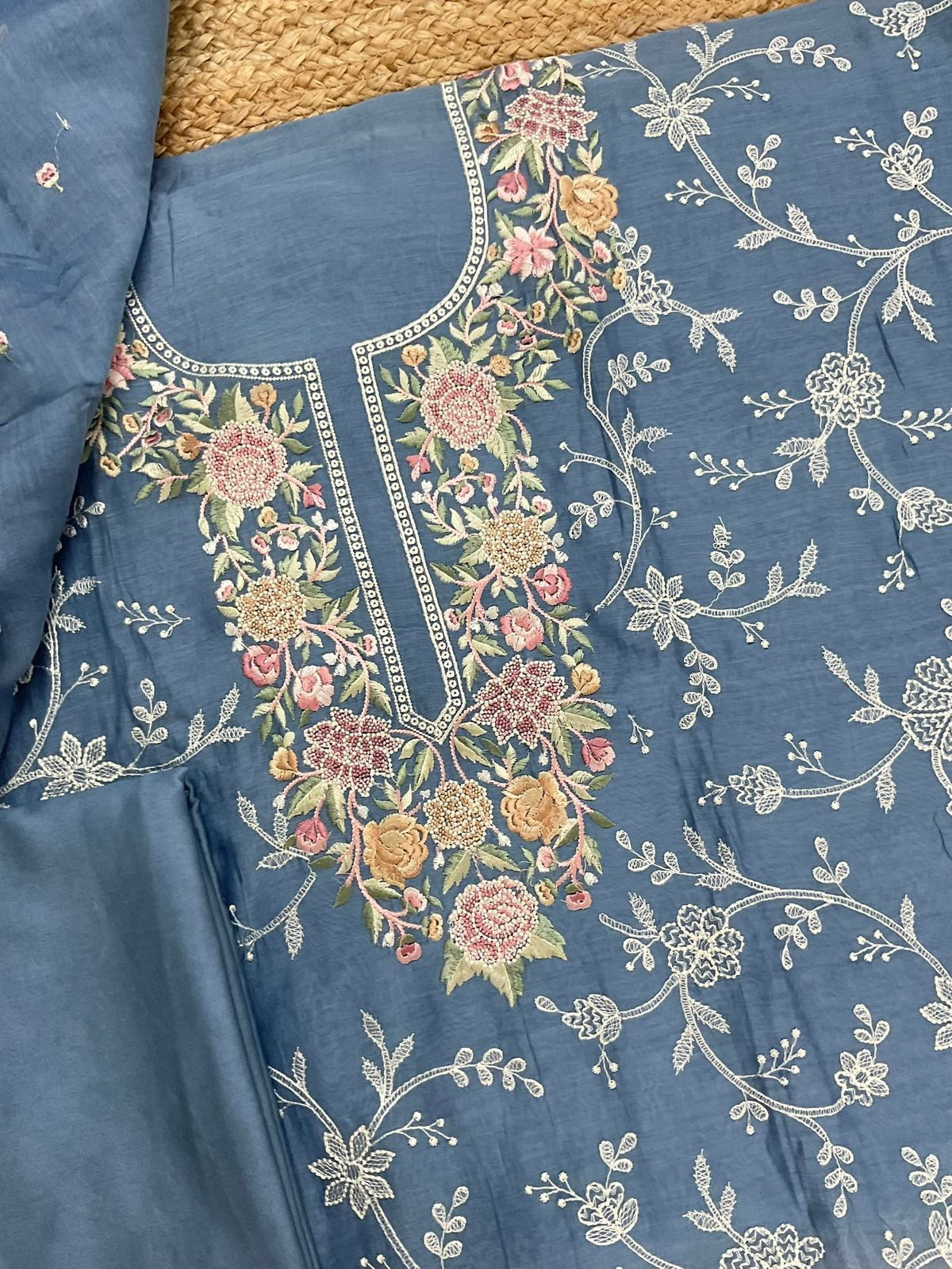Pure Mul Chanderi Embroidered Suit - Blue