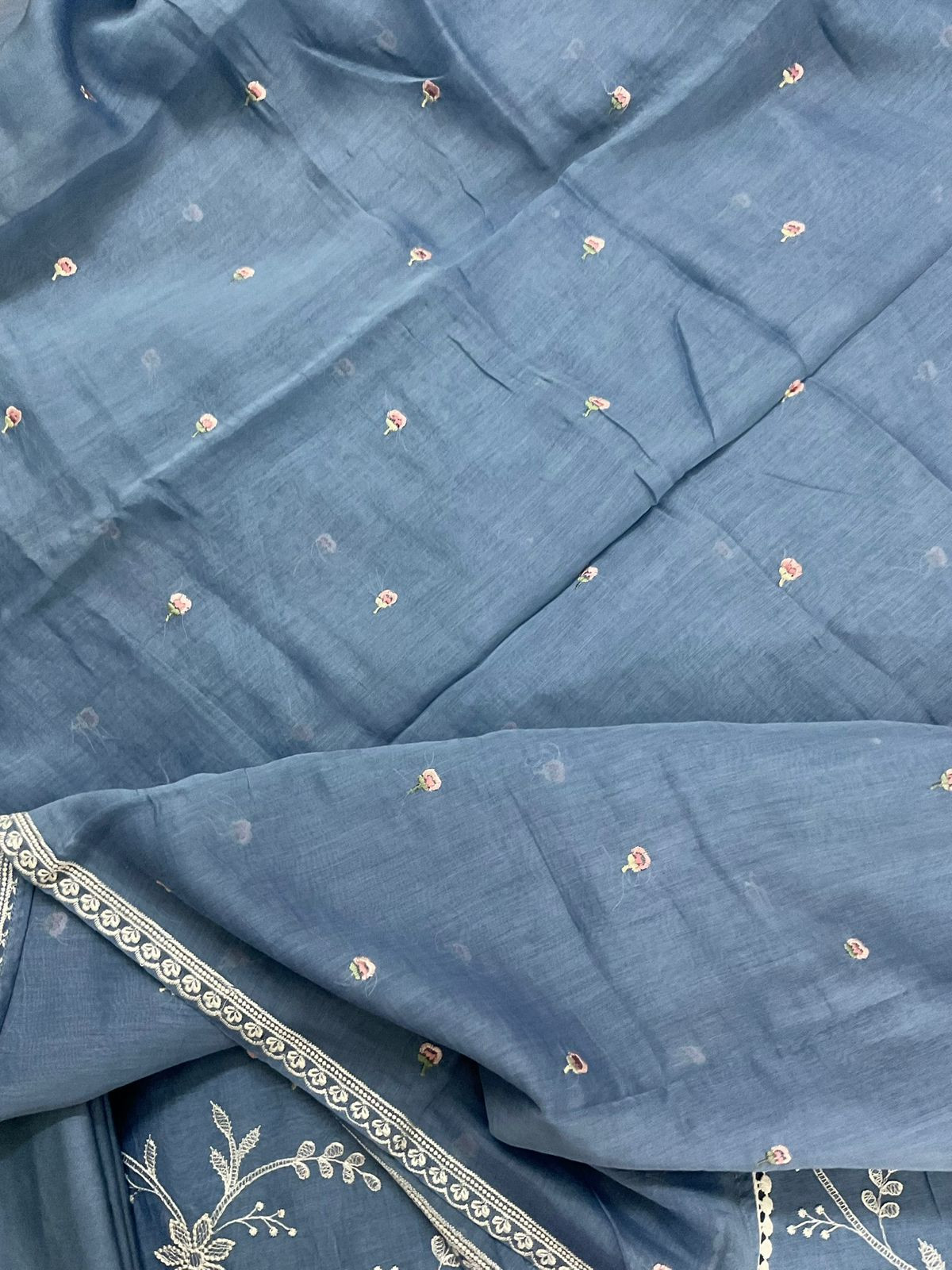 Pure Mul Chanderi Embroidered Suit - Blue