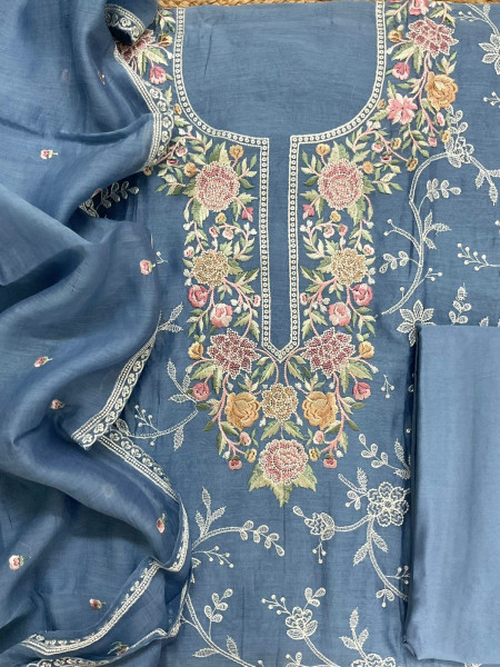 Image of Pure Mul Chanderi Embroidered Suit - Blue