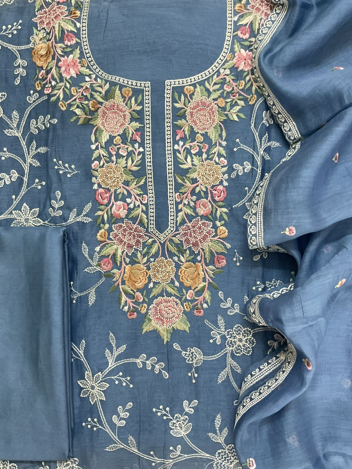 Pure Mul Chanderi Embroidered Suit - Blue