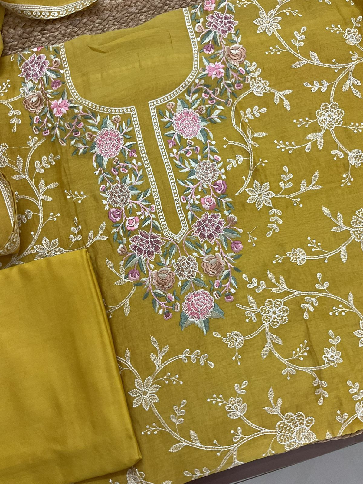 Pure Mul Chanderi Embroidered Suit - Yellow