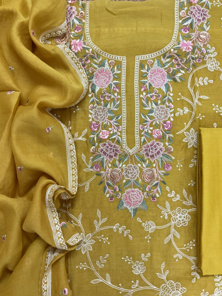 Image of Pure Mul Chanderi Embroidered Suit - Yellow