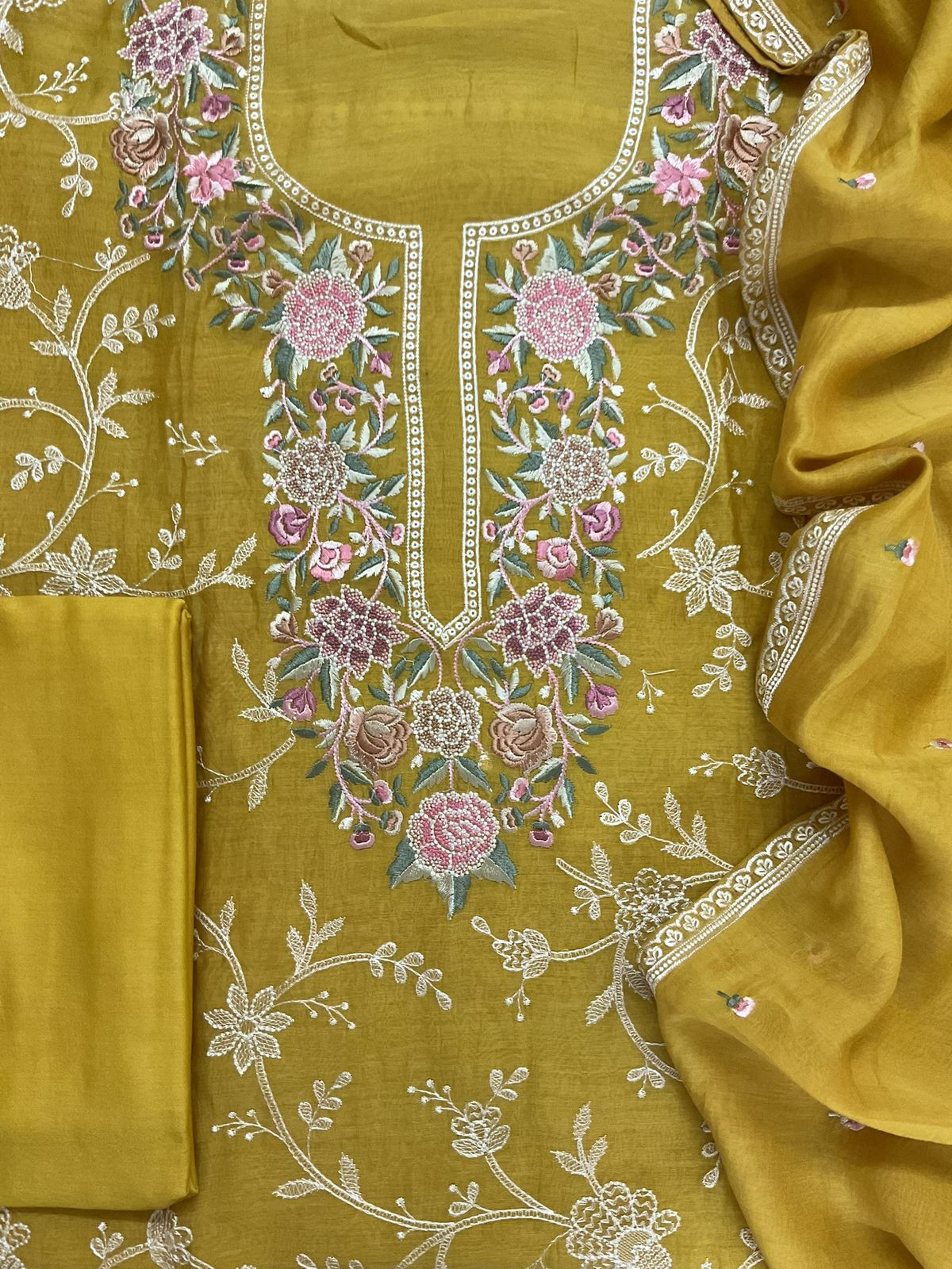 Pure Mul Chanderi Embroidered Suit - Yellow