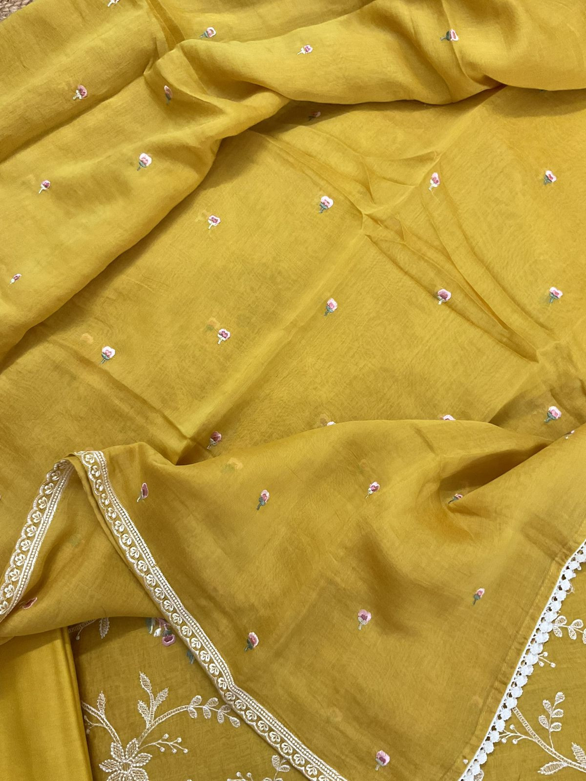 Pure Mul Chanderi Embroidered Suit - Yellow