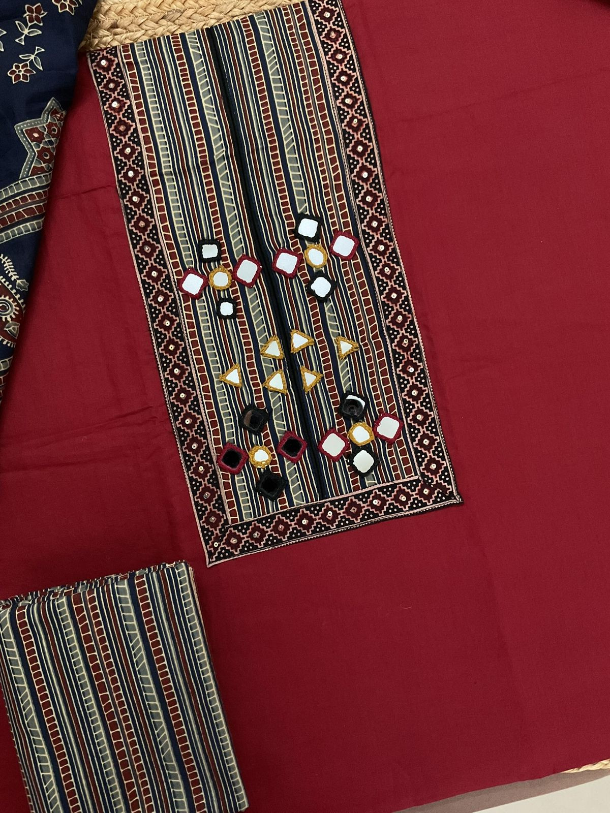 Pure Cotton Printed Embroidered Suit - Maroon