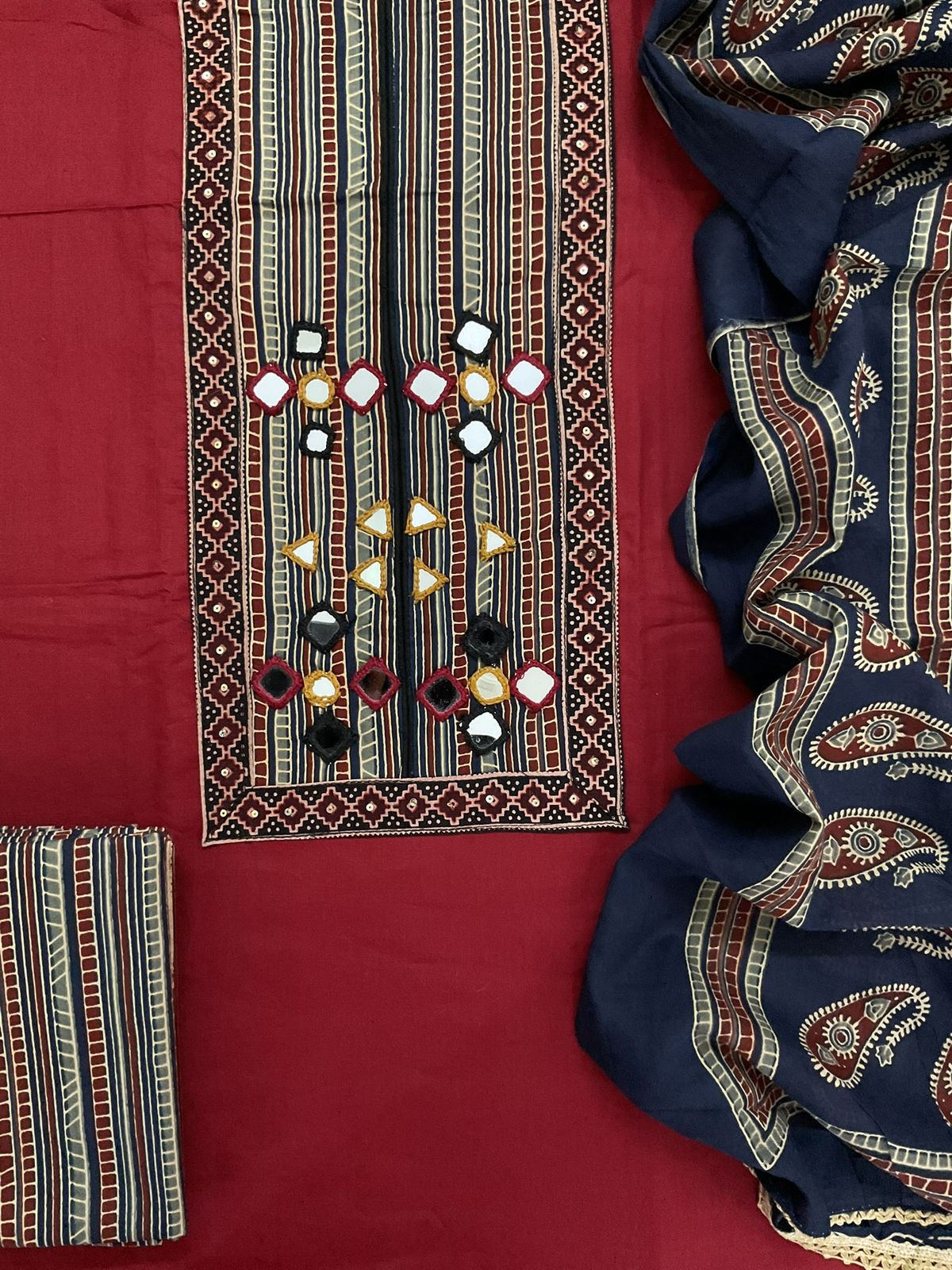 Pure Cotton Printed Embroidered Suit - Maroon