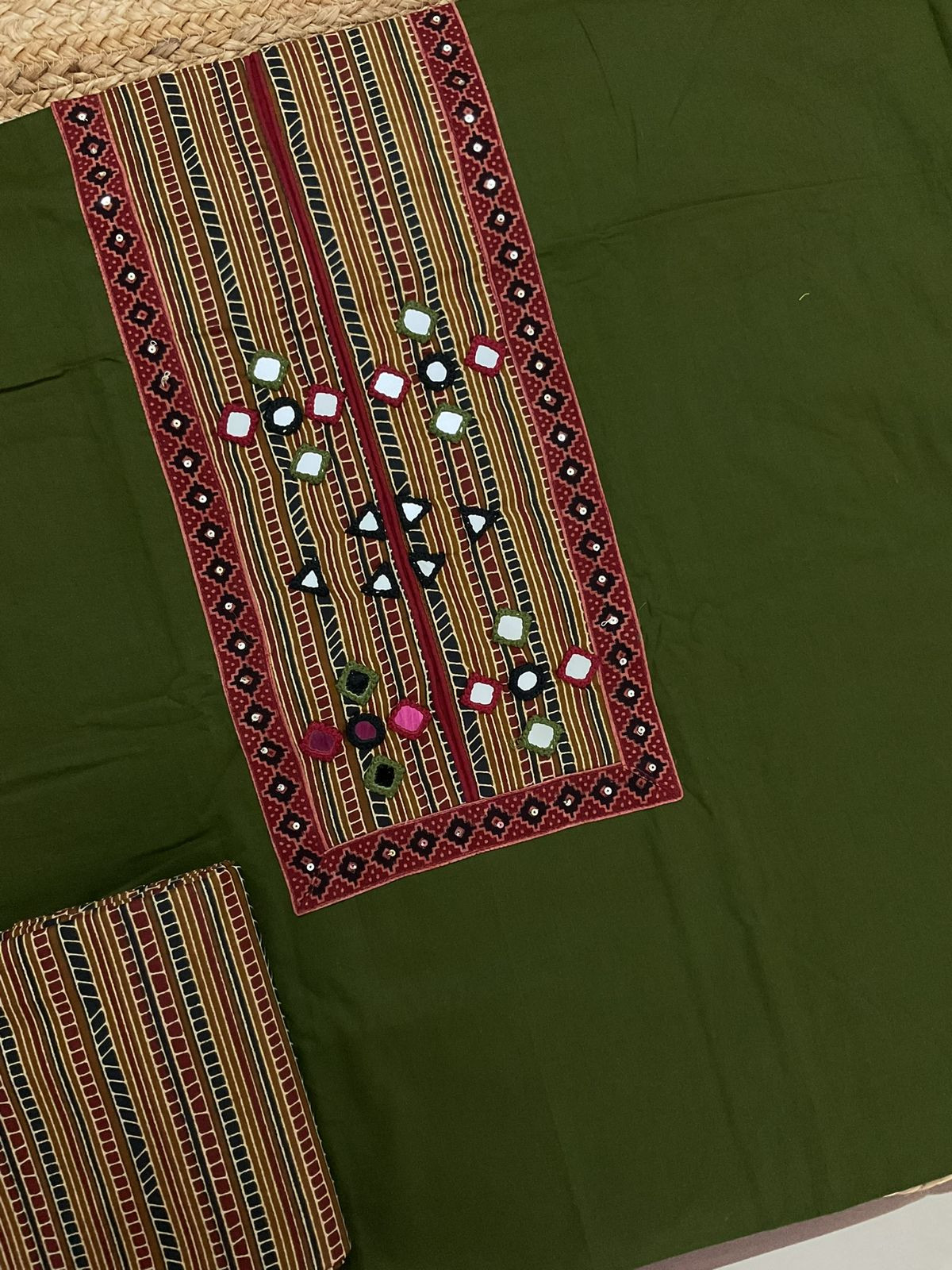 Pure Cotton Printed Embroidered Suit - Green