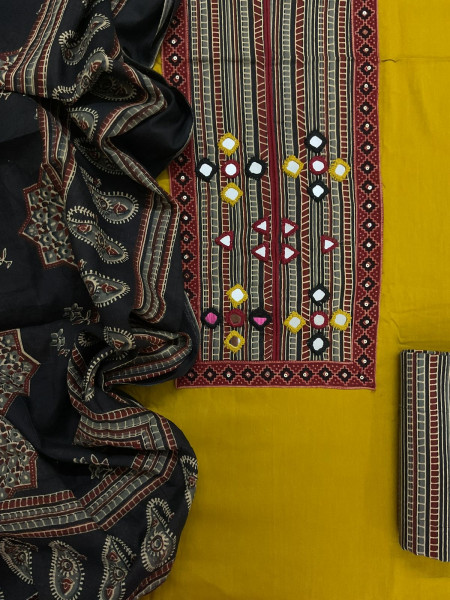 Image of Pure Cotton Printed Embroidered Suit - Yellow