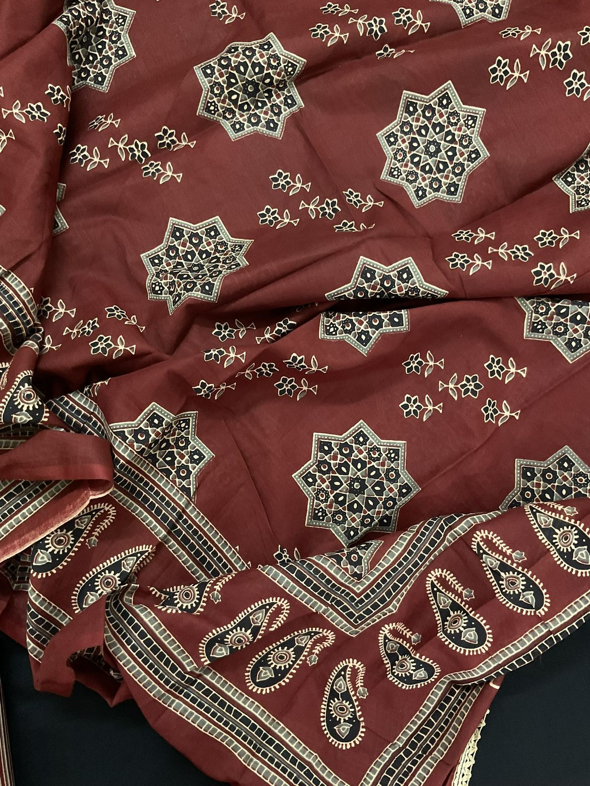 Pure Cotton Printed Embroidered Suit - Black