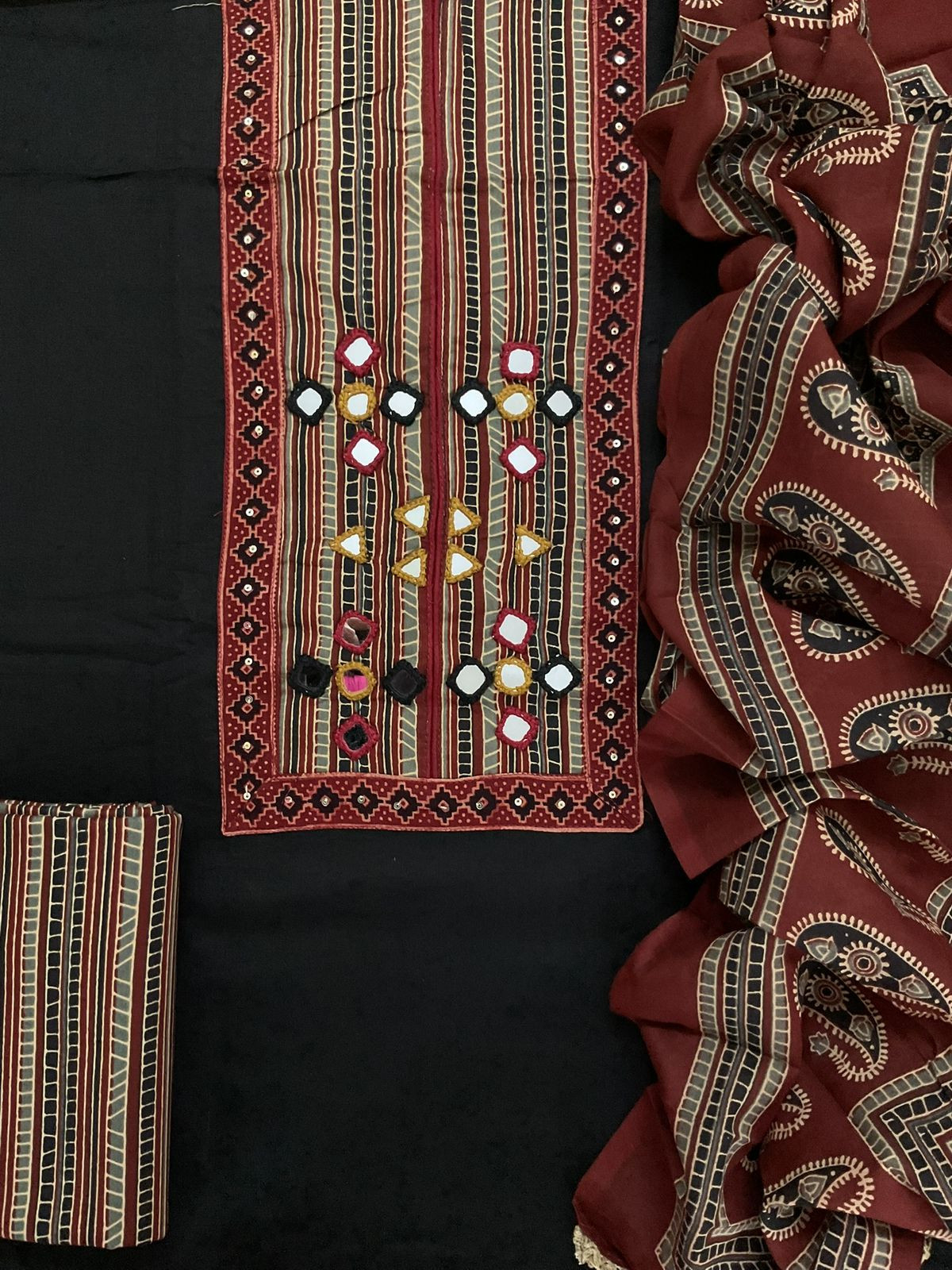 Pure Cotton Printed Embroidered Suit - Black