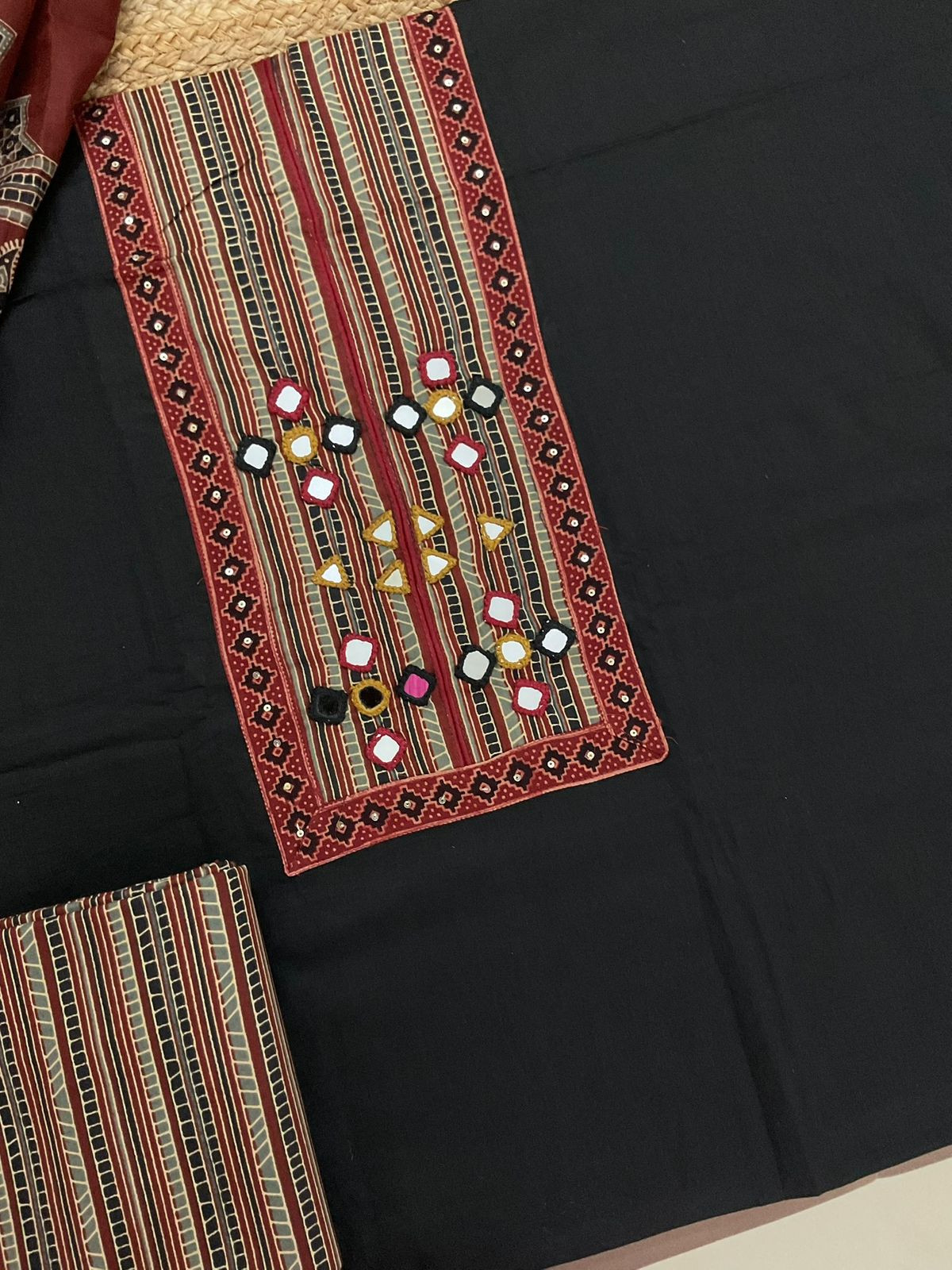 Pure Cotton Printed Embroidered Suit - Black