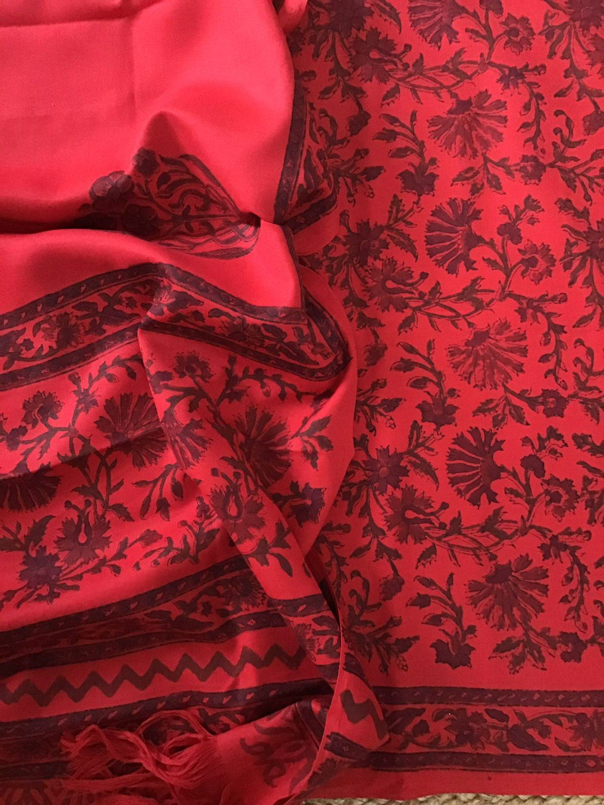 Soft Woollen Slub Silk Block Printed Suit - Red