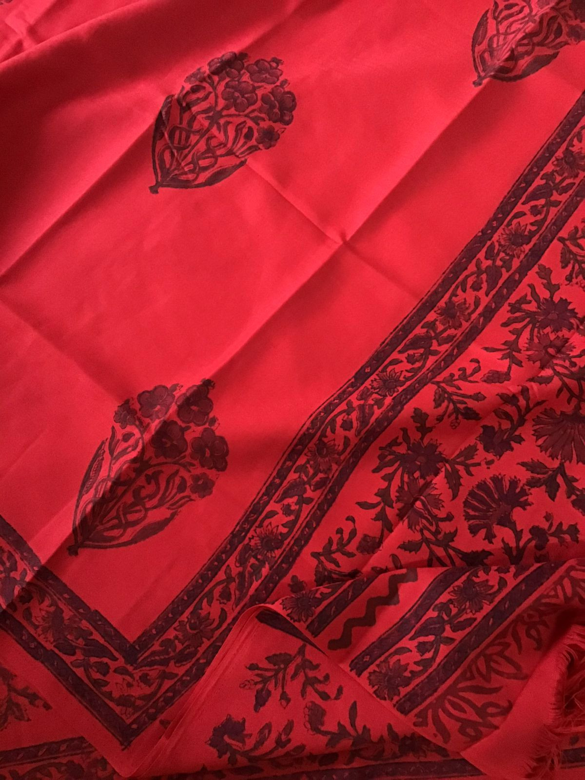 Soft Woollen Slub Silk Block Printed Suit - Red