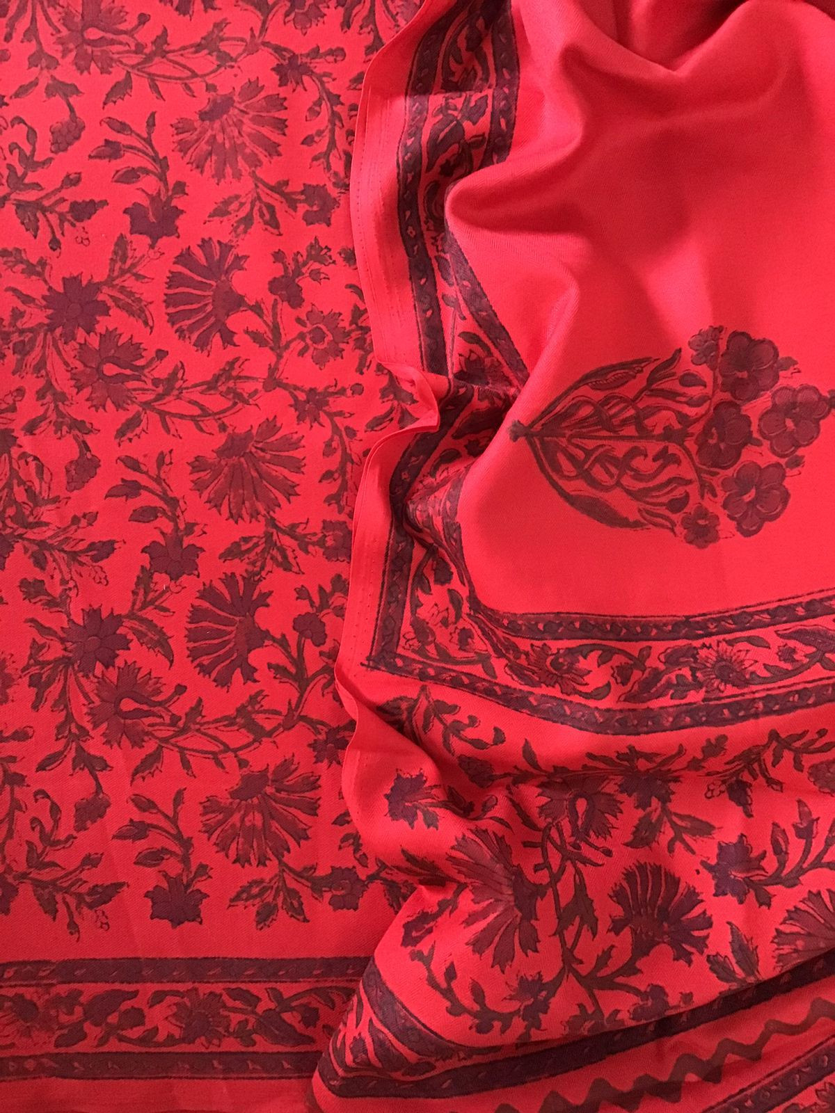 Soft Woollen Slub Silk Block Printed Suit - Red