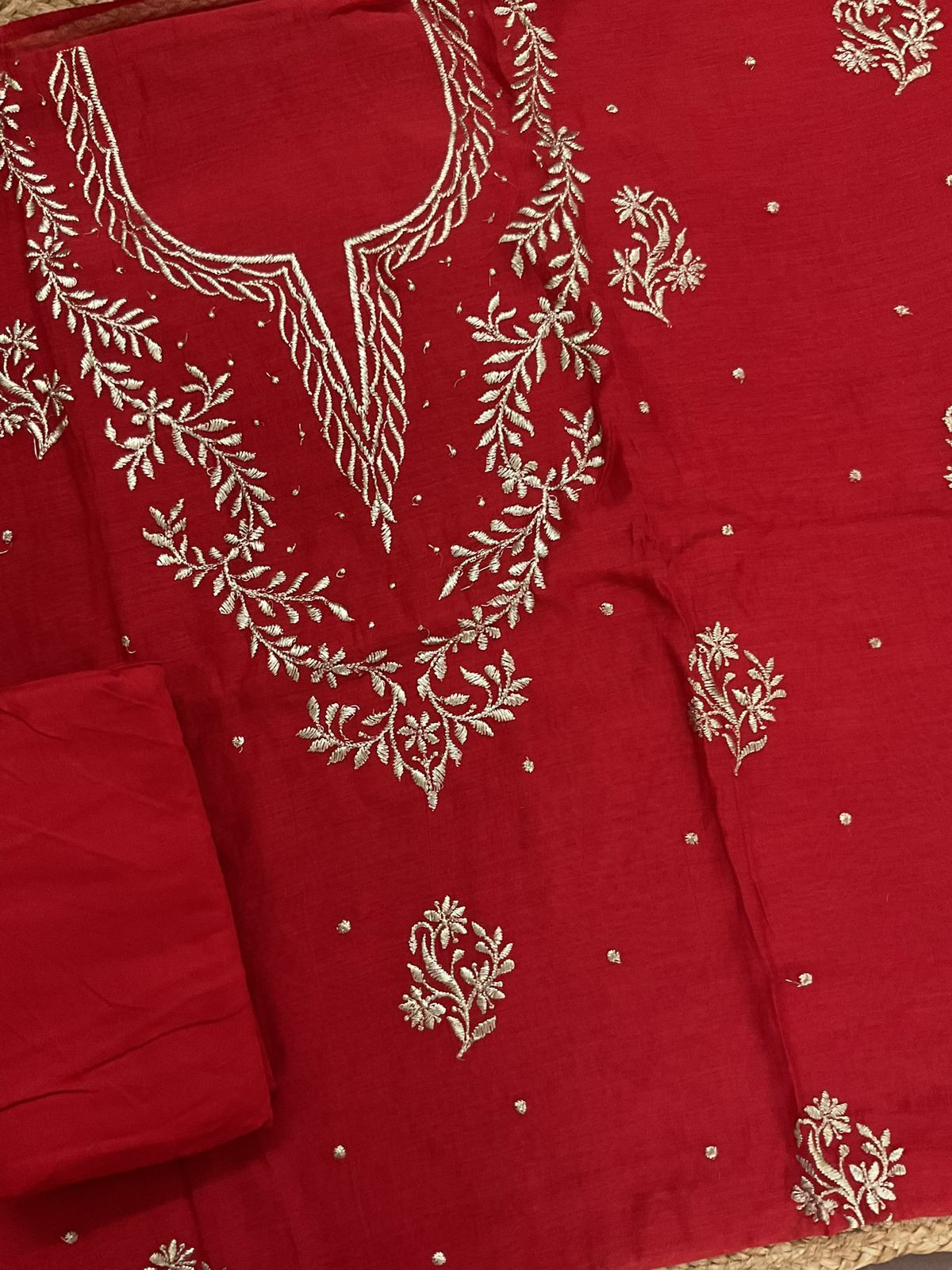 Pure Mul Chanderi Embroidered Suit - Red