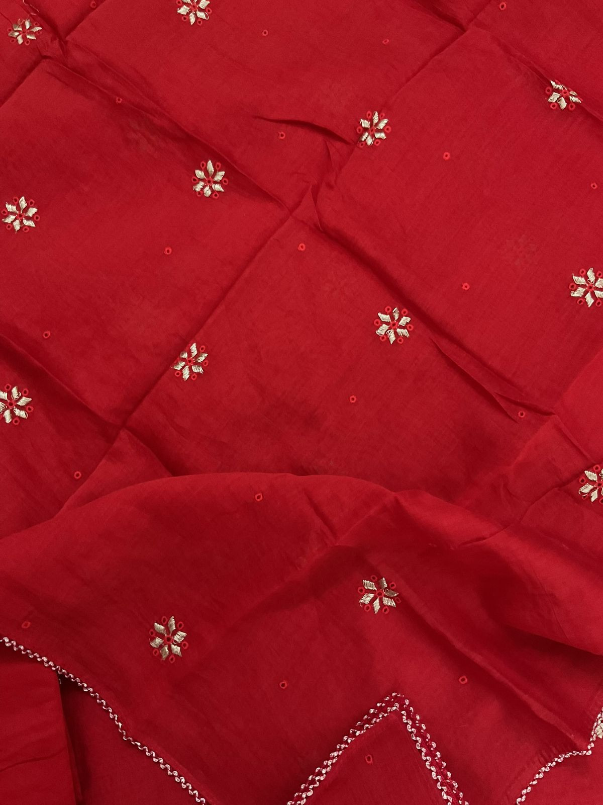 Pure Mul Chanderi Embroidered Suit - Red