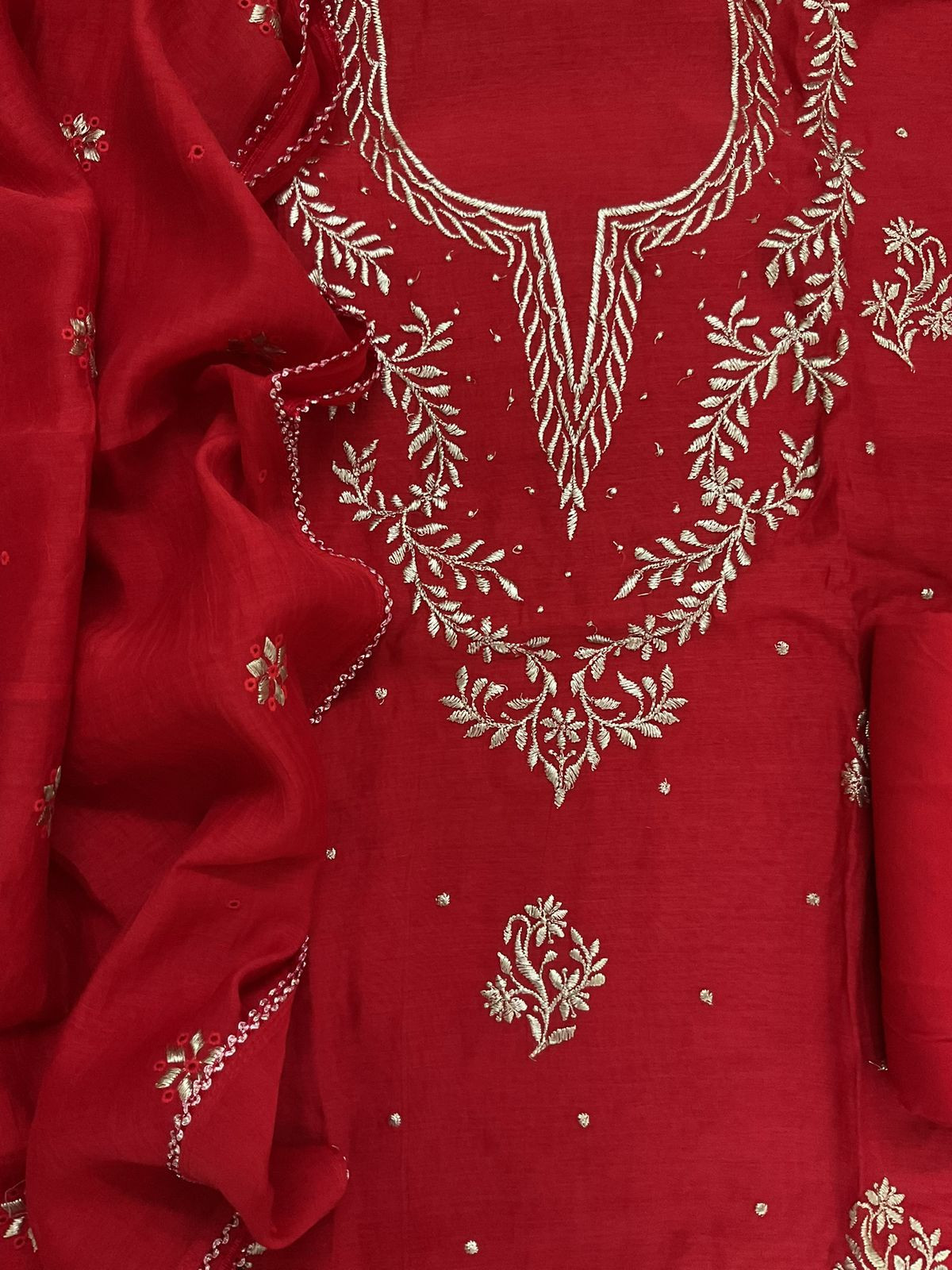 Pure Mul Chanderi Embroidered Suit - Red