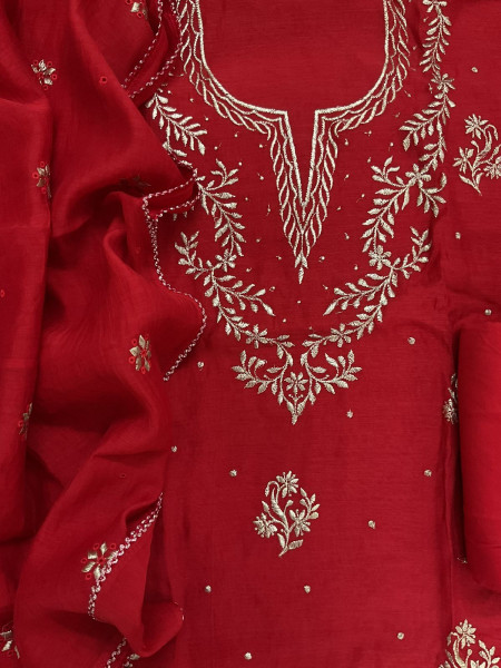 Image of Pure Mul Chanderi Embroidered Suit - Red