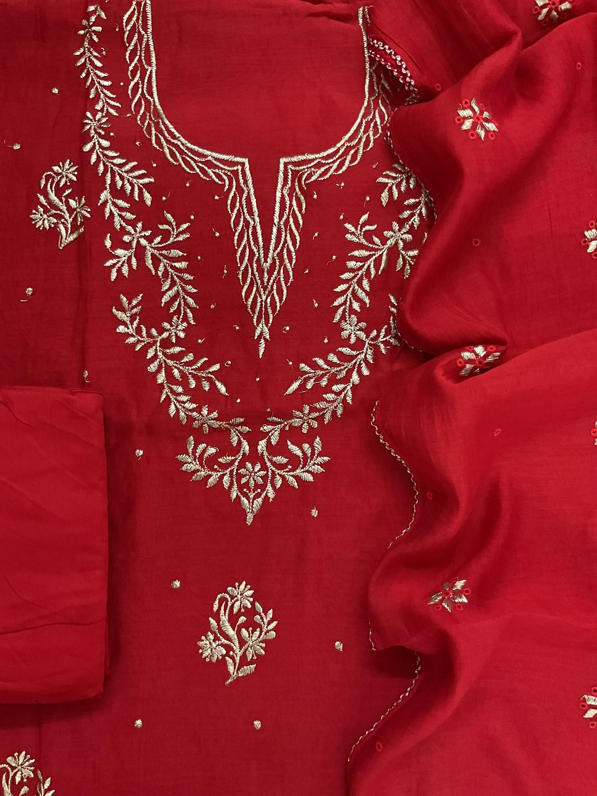Pure Mul Chanderi Embroidered Suit - Red