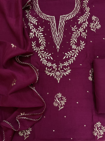 Image of Pure Mul Chanderi Embroidered Suit - Wine