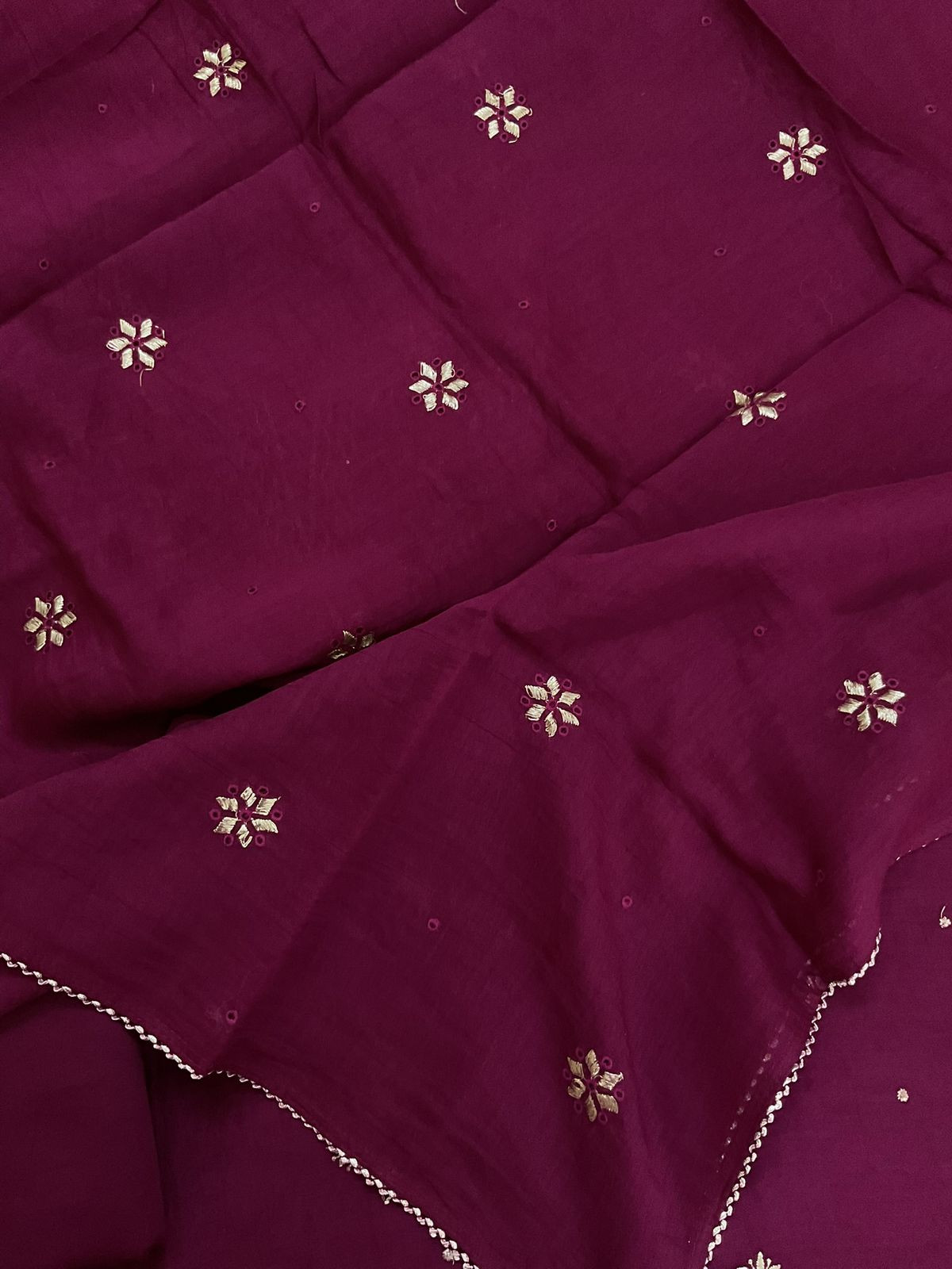 Pure Mul Chanderi Embroidered Suit - Wine