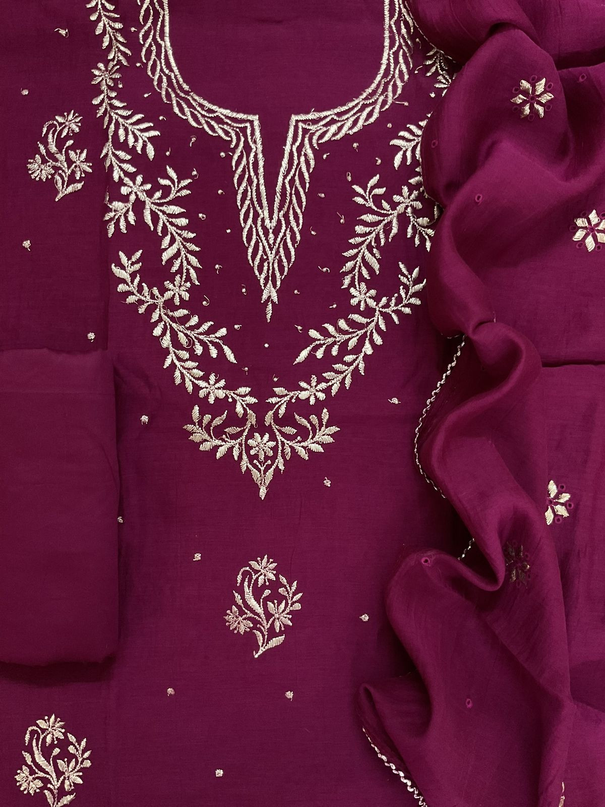 Pure Mul Chanderi Embroidered Suit - Wine
