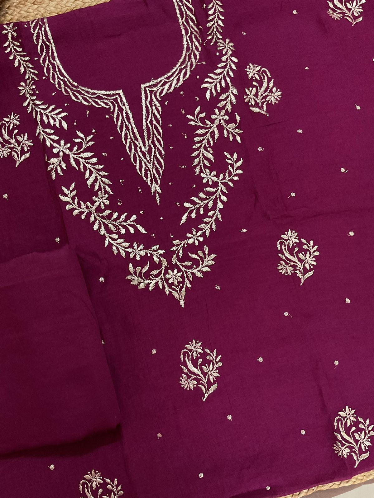 Pure Mul Chanderi Embroidered Suit - Wine