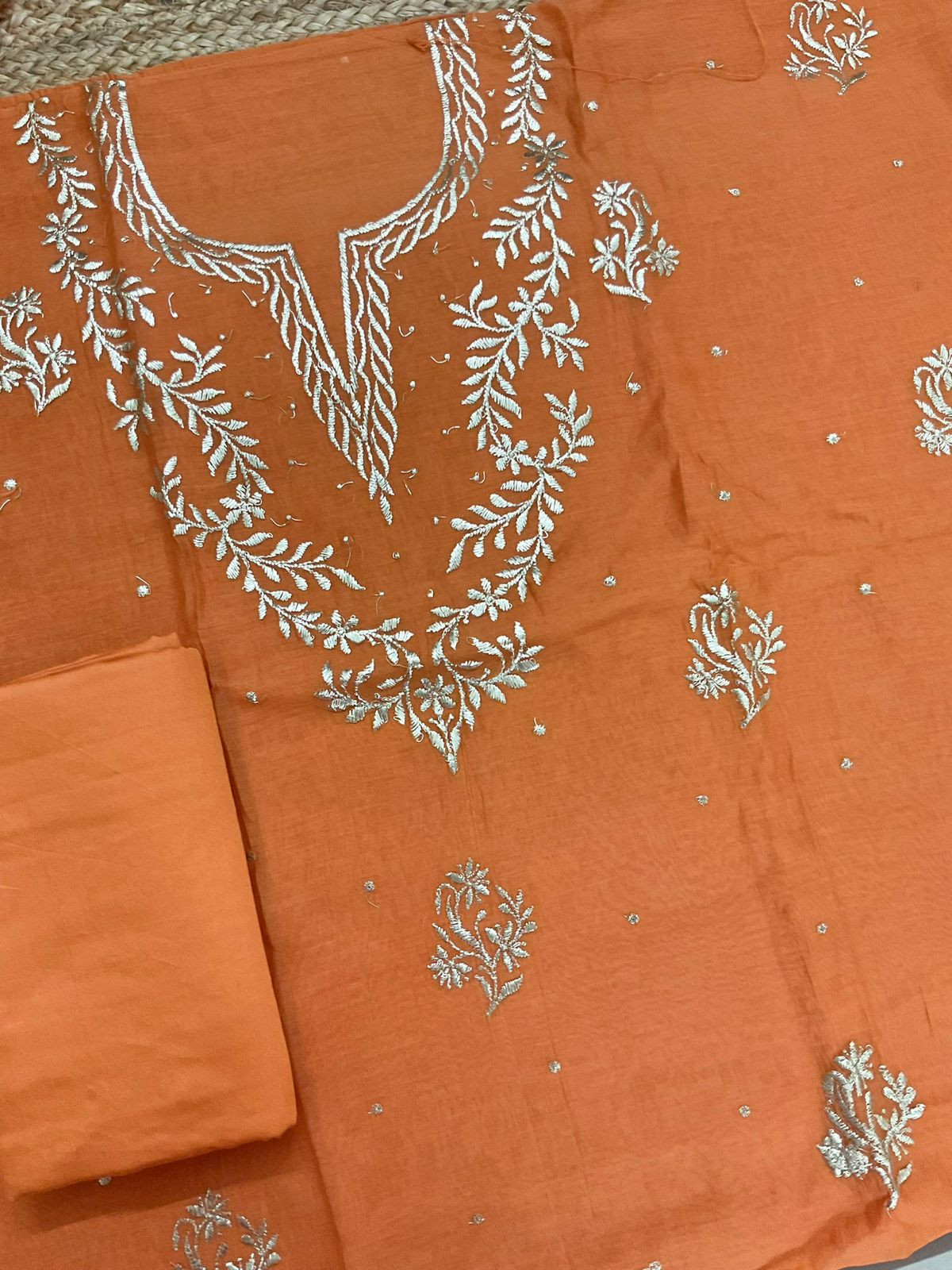 Pure Mul Chanderi Embroidered Suit - Orange