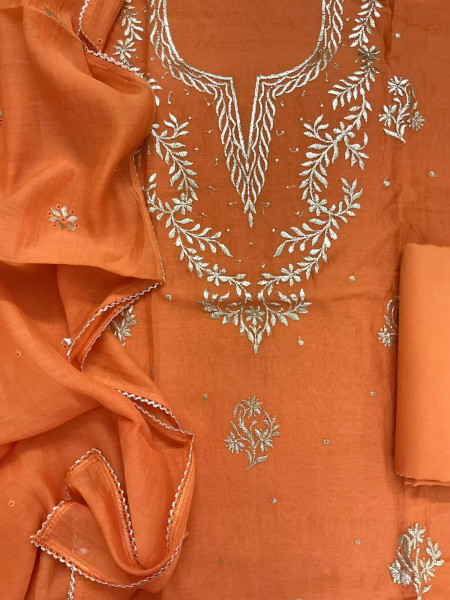 Image of Pure Mul Chanderi Embroidered Suit - Orange