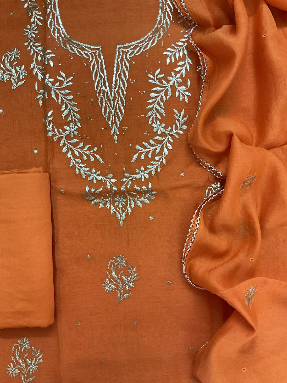 Pure Mul Chanderi Embroidered Suit - Orange