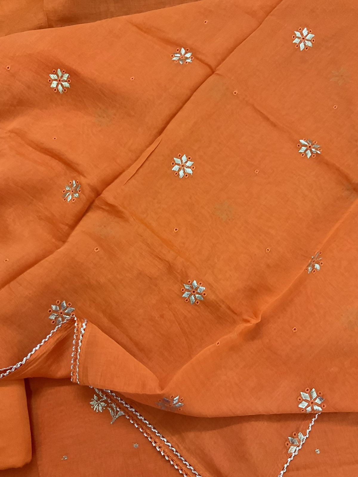Pure Mul Chanderi Embroidered Suit - Orange