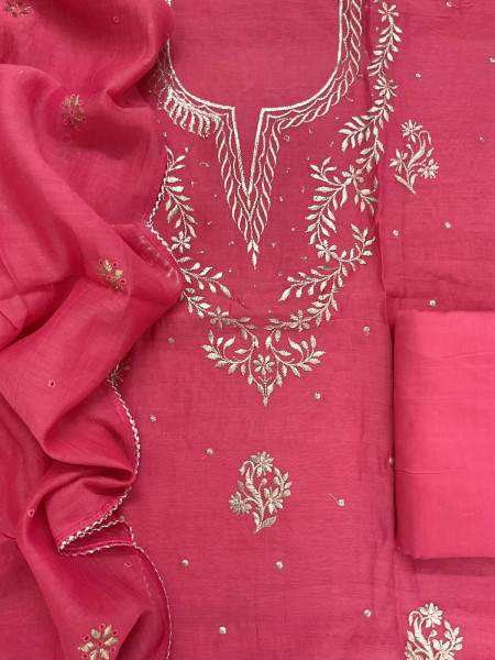 Image of Pure Mul Chanderi Embroidered Suit - Pink