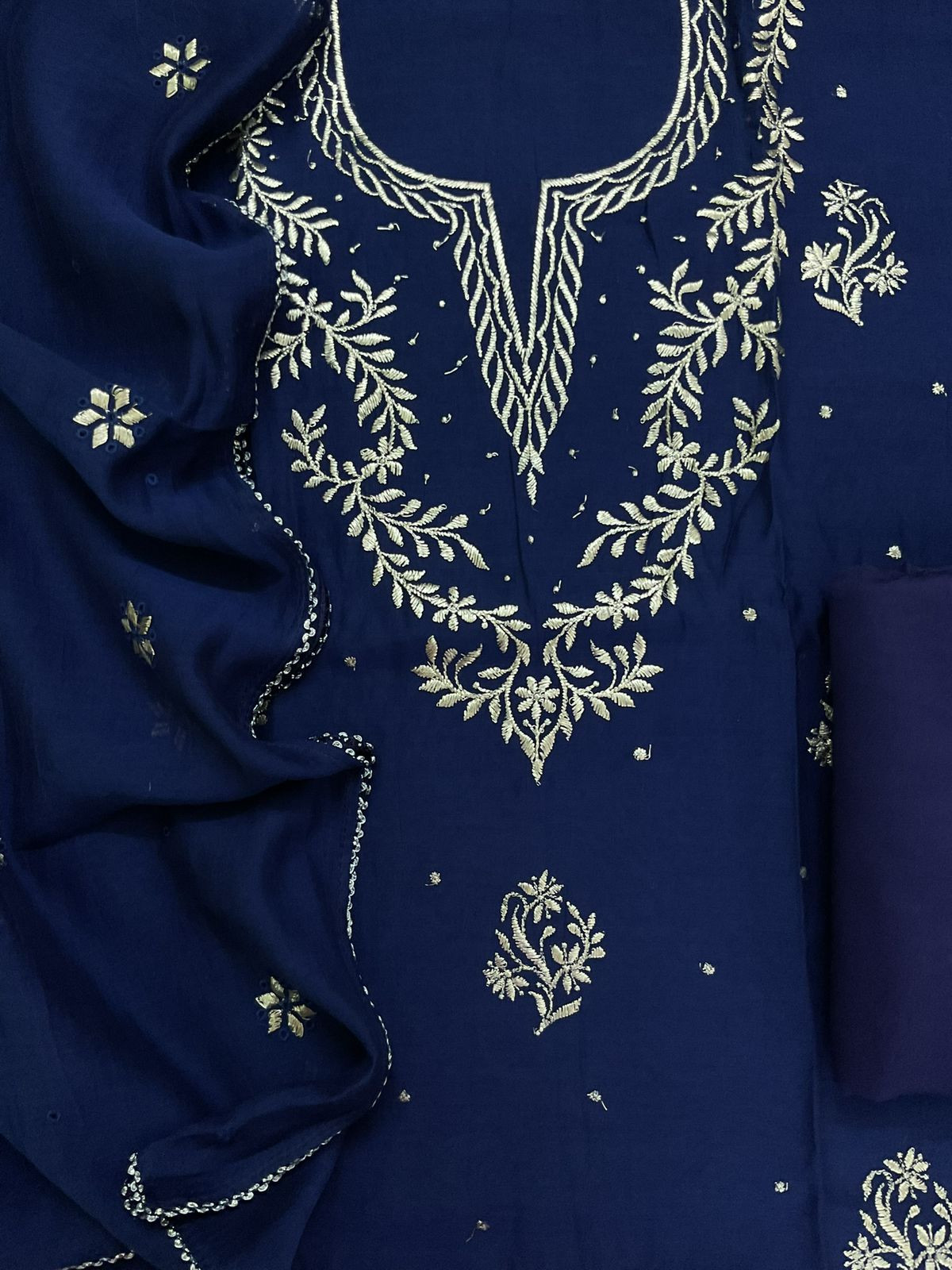 Pure Mul Chanderi Embroidered Suit - Blue