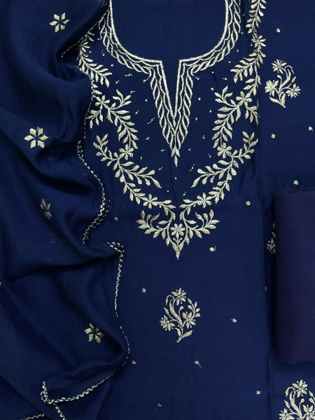Image of Pure Mul Chanderi Embroidered Suit - Blue