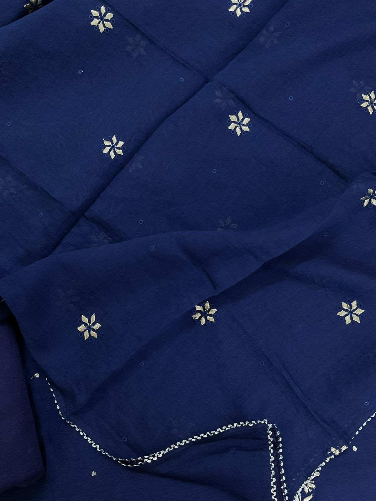 Pure Mul Chanderi Embroidered Suit - Blue