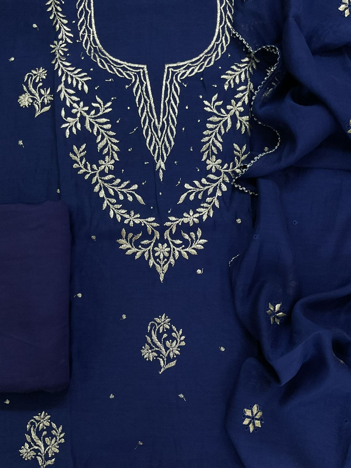 Pure Mul Chanderi Embroidered Suit - Blue