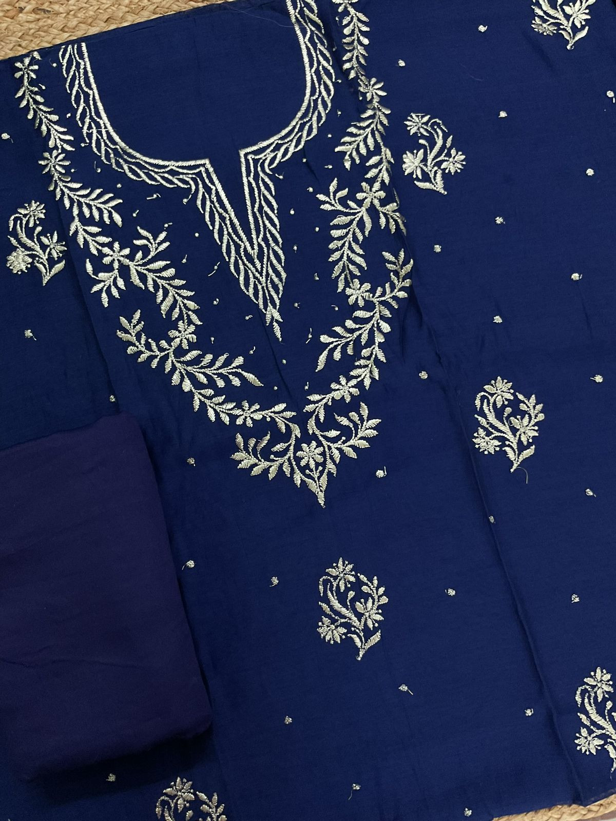 Pure Mul Chanderi Embroidered Suit - Blue