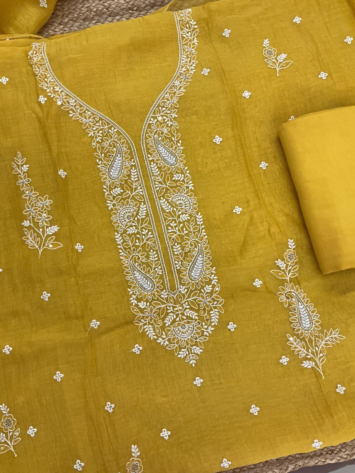 Pure Mul Chanderi Embroidered Suit - Yellow